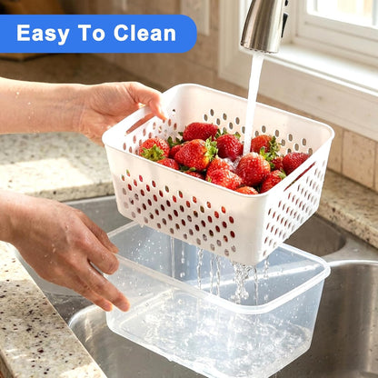 2 Pack Fruit Storage Containers for Fridge with Removable Colanders, Dishwasher & Microwave safe Produce Storage Containers with Lids Keep Fruits, Vegetables, Berry, Meat Fresh longer