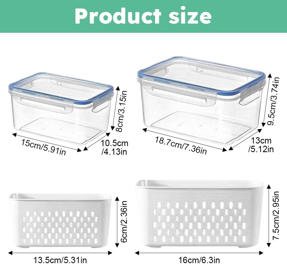 2 Pack Fruit Storage Containers for Fridge with Removable Colanders, Dishwasher & Microwave safe Produce Storage Containers with Lids Keep Fruits, Vegetables, Berry, Meat Fresh longer