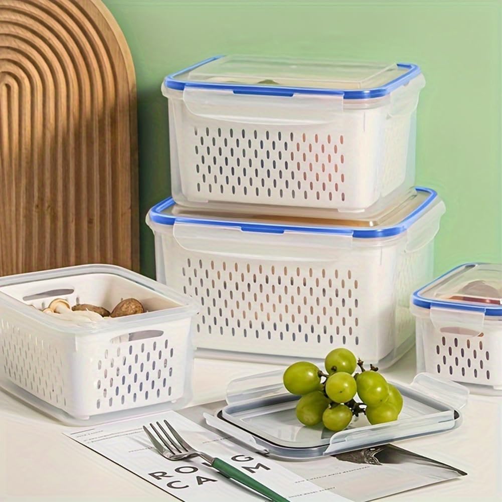 2 Pack Fruit Storage Containers for Fridge with Removable Colanders, Dishwasher & Microwave safe Produce Storage Containers with Lids Keep Fruits, Vegetables, Berry, Meat Fresh longer