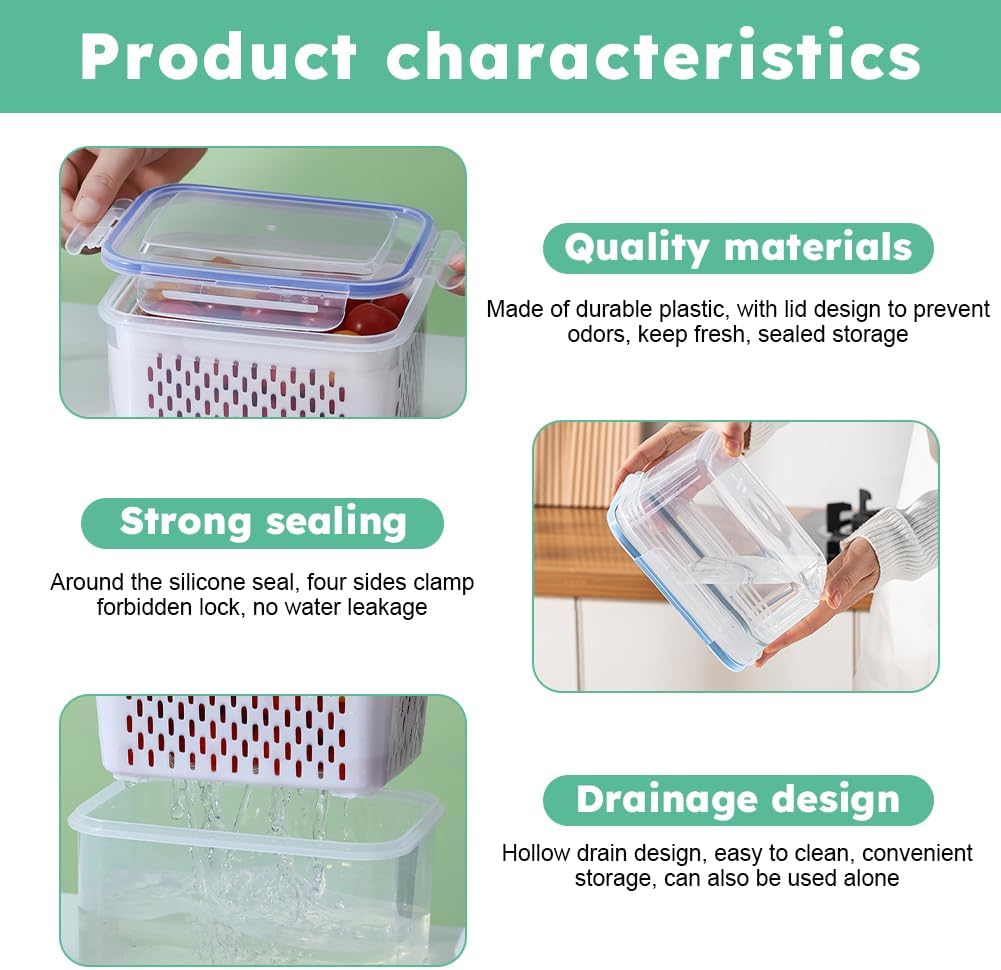 2 Pack Fruit Storage Containers for Fridge with Removable Colanders, Dishwasher & Microwave safe Produce Storage Containers with Lids Keep Fruits, Vegetables, Berry, Meat Fresh longer