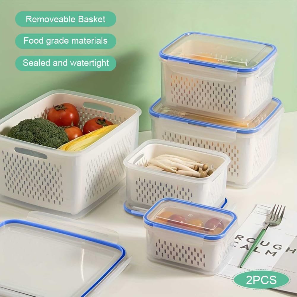 2 Pack Fruit Storage Containers for Fridge with Removable Colanders, Dishwasher & Microwave safe Produce Storage Containers with Lids Keep Fruits, Vegetables, Berry, Meat Fresh longer