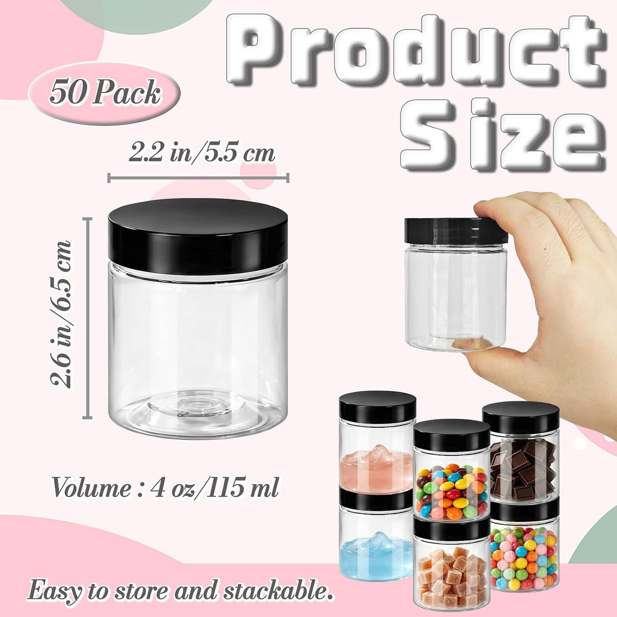 4oz Clear Plastic Jars with Lids,115ml Wide-Mouth Refillable Storage Containers,Empty Round Containers for Candy,Beads,Lotion,Slime Making and Food Storage