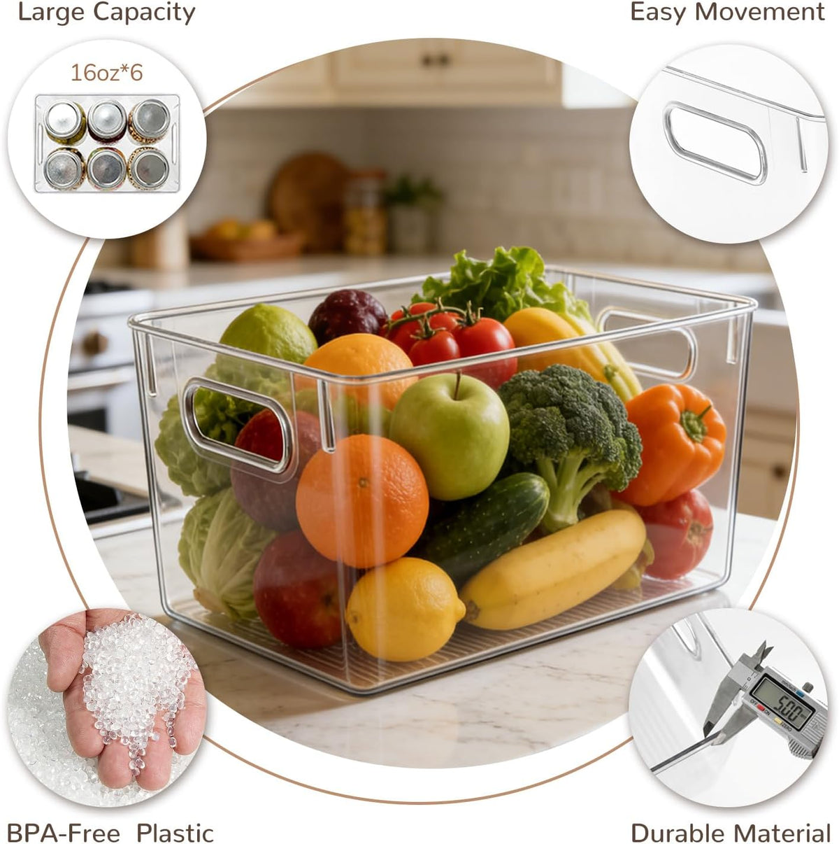 4 Packs Refrigerator Organizers and Storage, 4 Small Stackable Clear Plastic Bins for Pantry Organizer, Home Edit, Kitchen Cabinet, Fridge, Bathroom, Office, Drawer