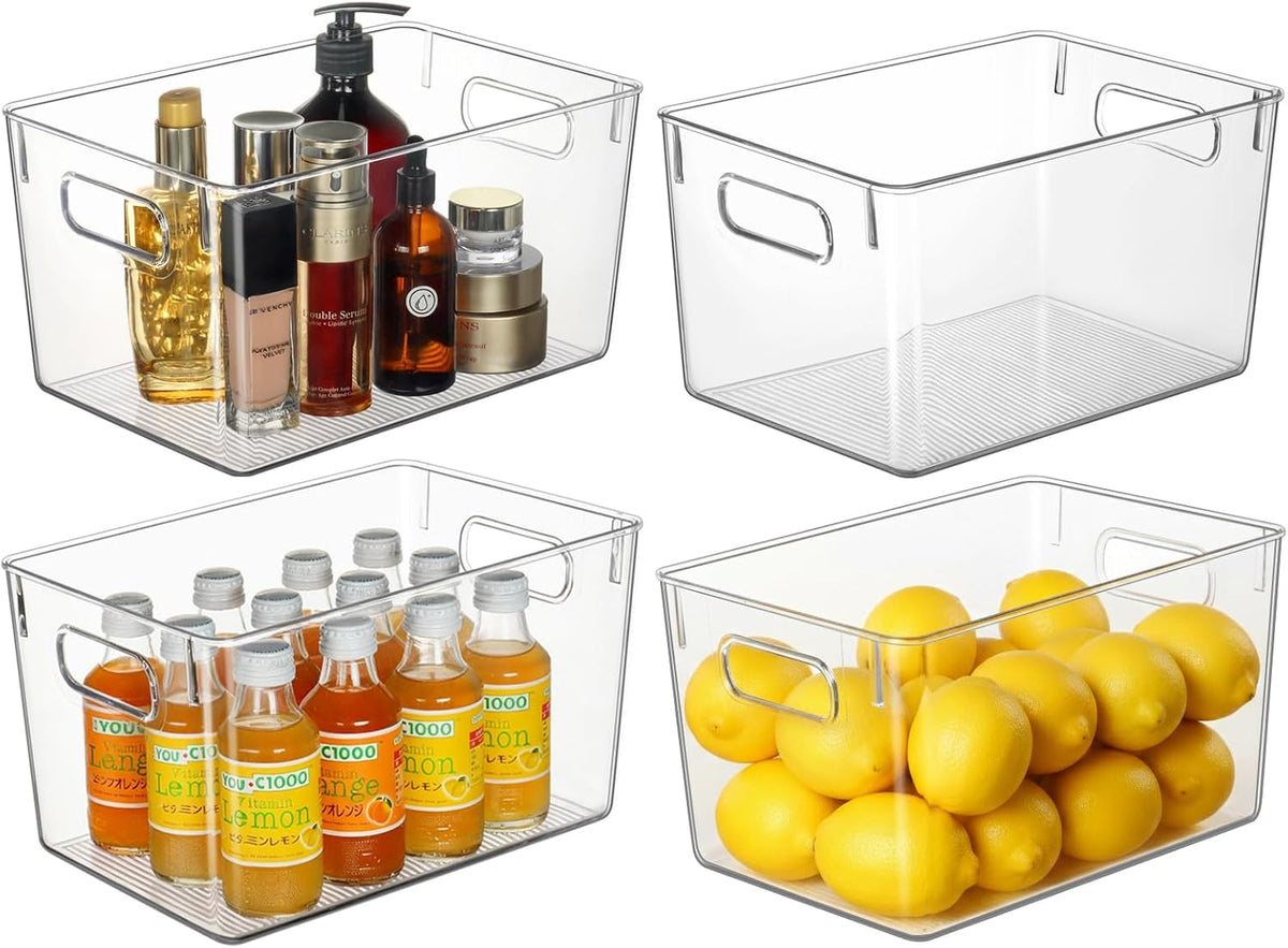 4 Packs Refrigerator Organizers and Storage, 4 Small Stackable Clear Plastic Bins for Pantry Organizer, Home Edit, Kitchen Cabinet, Fridge, Bathroom, Office, Drawer