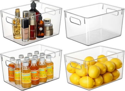 4 Packs Refrigerator Organizers and Storage, 4 Small Stackable Clear Plastic Bins for Pantry Organizer, Home Edit, Kitchen Cabinet, Fridge, Bathroom, Office, Drawer