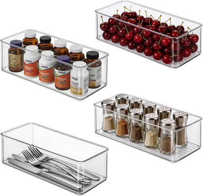 4 Packs Refrigerator Organizers and Storage, 4 Small Stackable Clear Plastic Bins for Pantry Organizer, Home Edit, Kitchen Cabinet, Fridge, Bathroom, Office, Drawer