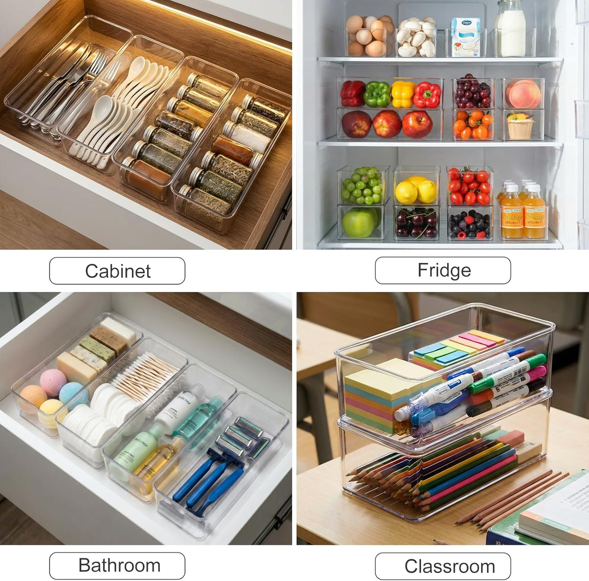 4 Packs Refrigerator Organizers and Storage, 4 Small Stackable Clear Plastic Bins for Pantry Organizer, Home Edit, Kitchen Cabinet, Fridge, Bathroom, Office, Drawer