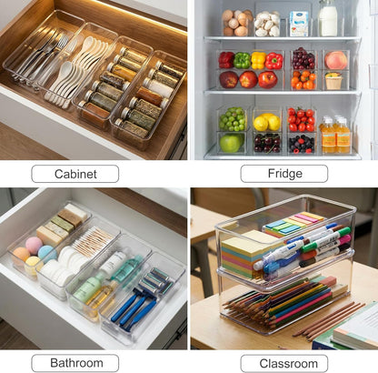 4 Packs Refrigerator Organizers and Storage, 4 Small Stackable Clear Plastic Bins for Pantry Organizer, Home Edit, Kitchen Cabinet, Fridge, Bathroom, Office, Drawer