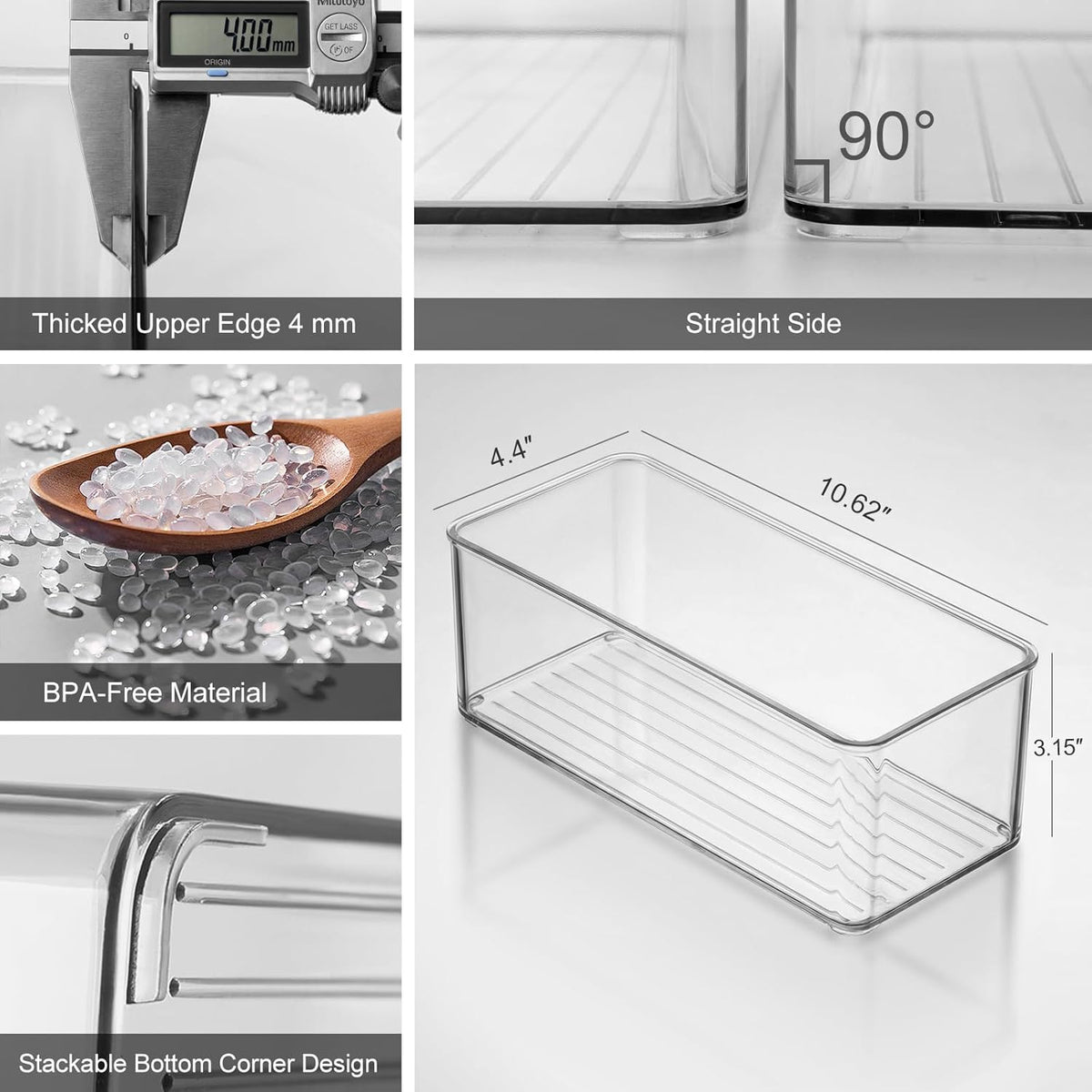 4 Packs Refrigerator Organizers and Storage, 4 Small Stackable Clear Plastic Bins for Pantry Organizer, Home Edit, Kitchen Cabinet, Fridge, Bathroom, Office, Drawer