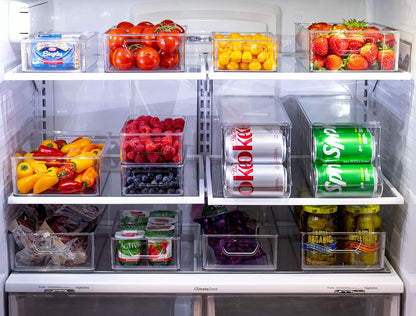 Set Of 16 Refrigerator Organizer Bins - Plastic Pantry Organization and Storage Baskets - Stackable Food Fridge Organizers with Cutout Handles for Freezer, Kitchen, Countertops, Cabinets
