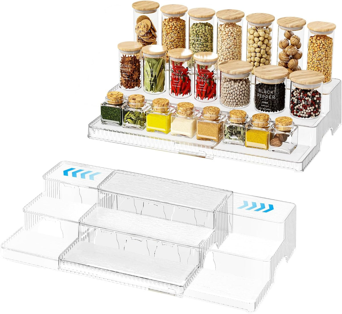 3-Tier Expandable Clear Spice Rack Organizer 2 Pack Adjustable Tiered Seasoning Shelf with Non-Slip Textured Surface, Multi-Purpose Cabinet Organizer for Kitchen Pantry Countertop Vanity