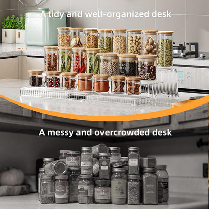 3-Tier Expandable Clear Spice Rack Organizer 2 Pack Adjustable Tiered Seasoning Shelf with Non-Slip Textured Surface, Multi-Purpose Cabinet Organizer for Kitchen Pantry Countertop Vanity