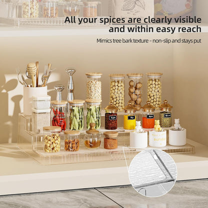 3-Tier Expandable Clear Spice Rack Organizer 2 Pack Adjustable Tiered Seasoning Shelf with Non-Slip Textured Surface, Multi-Purpose Cabinet Organizer for Kitchen Pantry Countertop Vanity