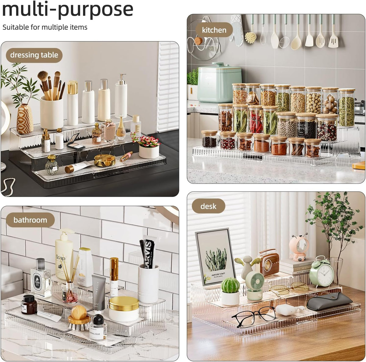 3-Tier Expandable Clear Spice Rack Organizer 2 Pack Adjustable Tiered Seasoning Shelf with Non-Slip Textured Surface, Multi-Purpose Cabinet Organizer for Kitchen Pantry Countertop Vanity