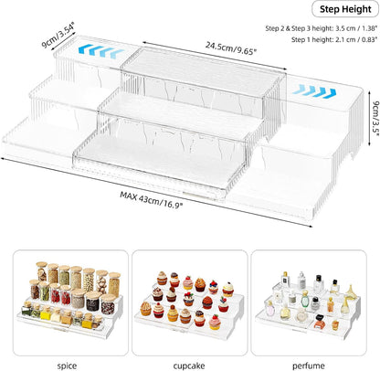 3-Tier Expandable Clear Spice Rack Organizer 2 Pack Adjustable Tiered Seasoning Shelf with Non-Slip Textured Surface, Multi-Purpose Cabinet Organizer for Kitchen Pantry Countertop Vanity