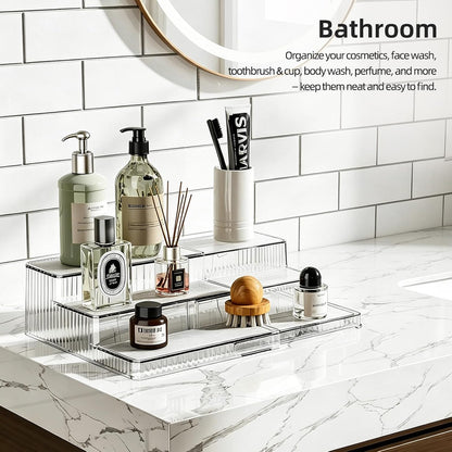 3-Tier Expandable Clear Spice Rack Organizer 2 Pack Adjustable Tiered Seasoning Shelf with Non-Slip Textured Surface, Multi-Purpose Cabinet Organizer for Kitchen Pantry Countertop Vanity