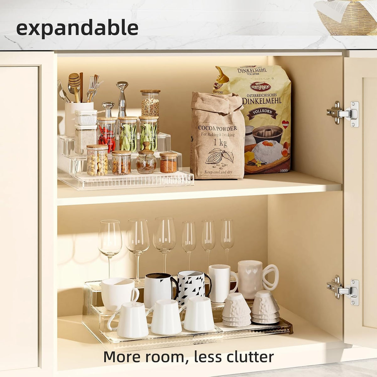3-Tier Expandable Clear Spice Rack Organizer 2 Pack Adjustable Tiered Seasoning Shelf with Non-Slip Textured Surface, Multi-Purpose Cabinet Organizer for Kitchen Pantry Countertop Vanity