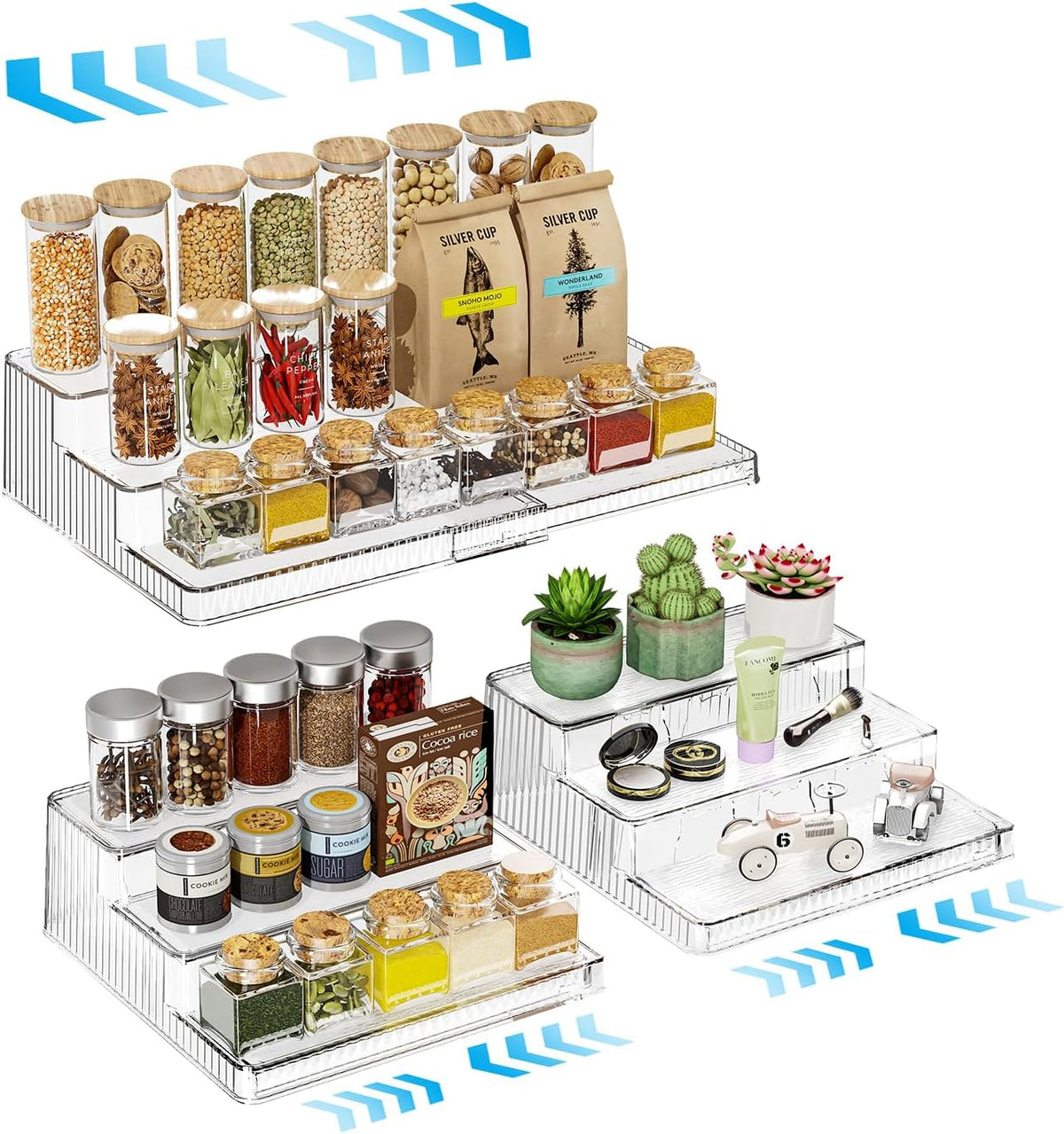 3-Tier Expandable Clear Spice Rack Organizer 2 Pack Adjustable Tiered Seasoning Shelf with Non-Slip Textured Surface, Multi-Purpose Cabinet Organizer for Kitchen Pantry Countertop Vanity