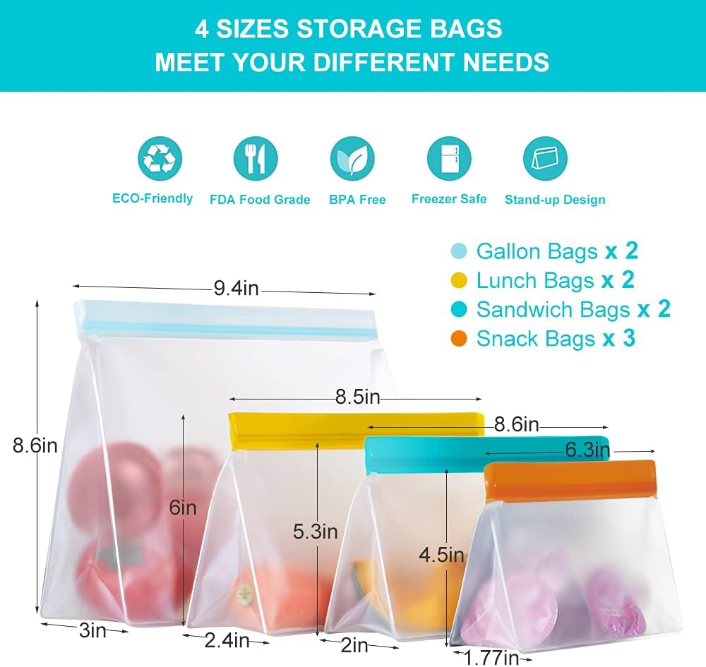 Reusable Food Storage Bags Stand Up, 9 Pack Leakproof Freezer Bags, BPA Free Gallon Bags, Reusable Plastic Snack Bags, Lunch Sandwich Bags for Home & Travel