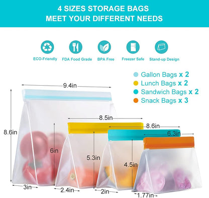 Reusable Food Storage Bags Stand Up, 9 Pack Leakproof Freezer Bags, BPA Free Gallon Bags, Reusable Plastic Snack Bags, Lunch Sandwich Bags for Home & Travel