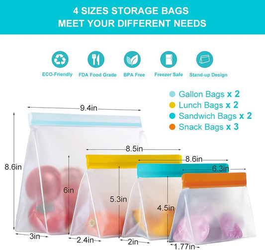 Reusable Food Storage Bags Stand Up, 9 Pack Leakproof Freezer Bags, BPA Free Gallon Bags, Reusable Plastic Snack Bags, Lunch Sandwich Bags for Home & Travel