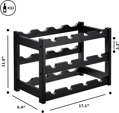 Bamboo Wine Rack, Sturdy and Durable Wine Storage Cabinet Shelf, Wine Racks Countertop for Pantry,Kitchen,3-Tier 12 Bottles Wine Rack Black