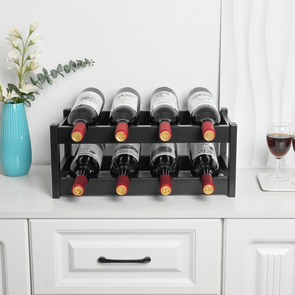 Bamboo Wine Rack, Sturdy and Durable Wine Storage Cabinet Shelf, Wine Racks Countertop for Pantry,Kitchen,3-Tier 12 Bottles Wine Rack Black