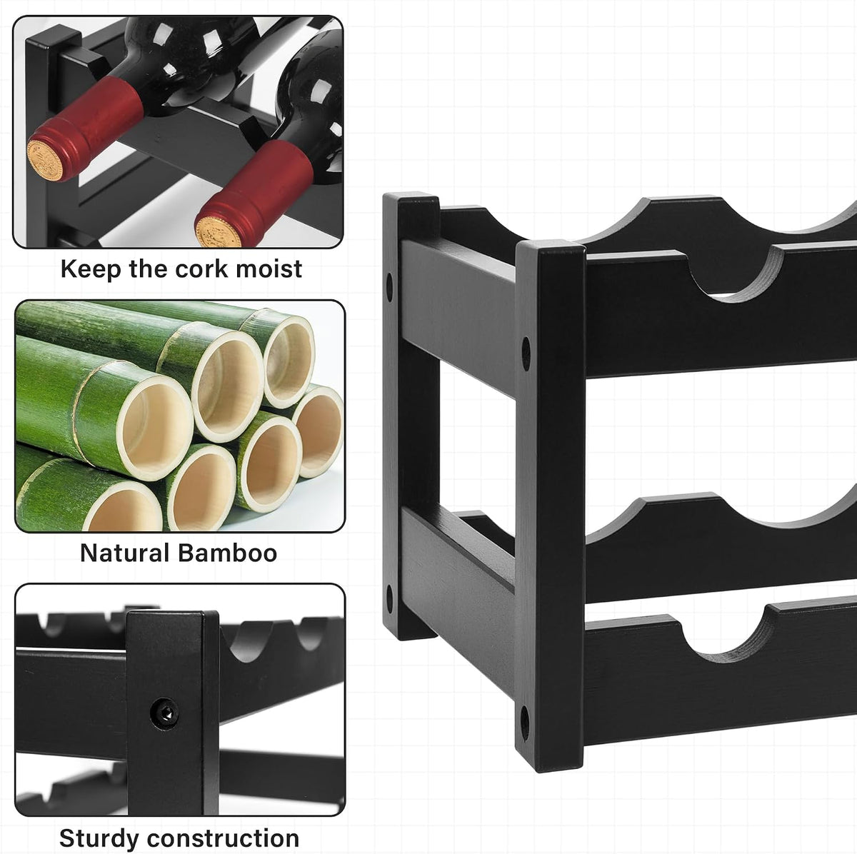 Bamboo Wine Rack, Sturdy and Durable Wine Storage Cabinet Shelf, Wine Racks Countertop for Pantry,Kitchen,3-Tier 12 Bottles Wine Rack Black