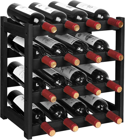 Bamboo Wine Rack, Sturdy and Durable Wine Storage Cabinet Shelf, Wine Racks Countertop for Pantry,Kitchen,3-Tier 12 Bottles Wine Rack Black
