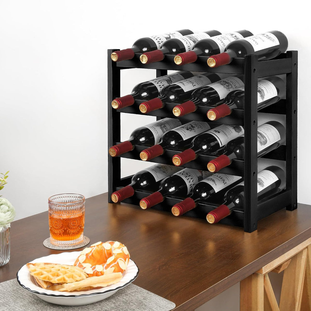 Bamboo Wine Rack, Sturdy and Durable Wine Storage Cabinet Shelf, Wine Racks Countertop for Pantry,Kitchen,3-Tier 12 Bottles Wine Rack Black