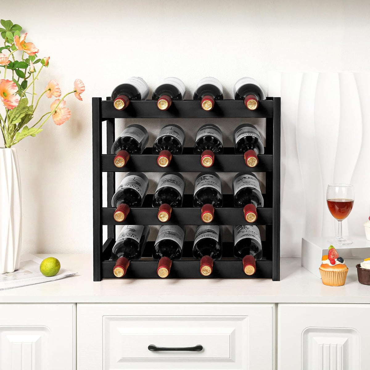 Bamboo Wine Rack, Sturdy and Durable Wine Storage Cabinet Shelf, Wine Racks Countertop for Pantry,Kitchen,3-Tier 12 Bottles Wine Rack Black