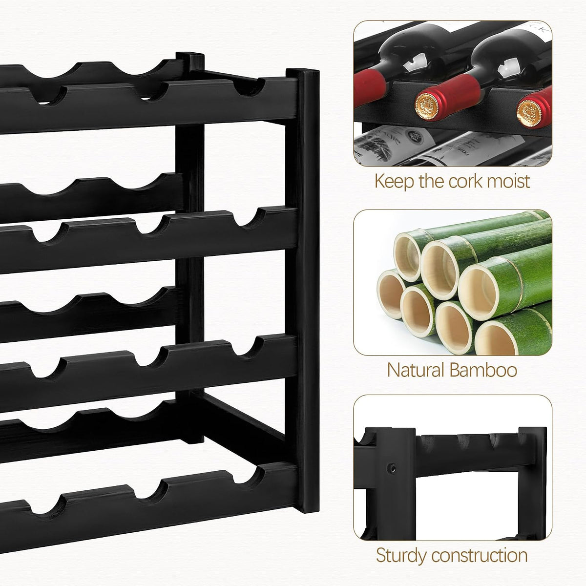 Bamboo Wine Rack, Sturdy and Durable Wine Storage Cabinet Shelf, Wine Racks Countertop for Pantry,Kitchen,3-Tier 12 Bottles Wine Rack Black