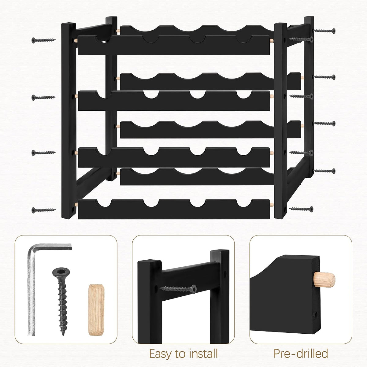 Bamboo Wine Rack, Sturdy and Durable Wine Storage Cabinet Shelf, Wine Racks Countertop for Pantry,Kitchen,3-Tier 12 Bottles Wine Rack Black
