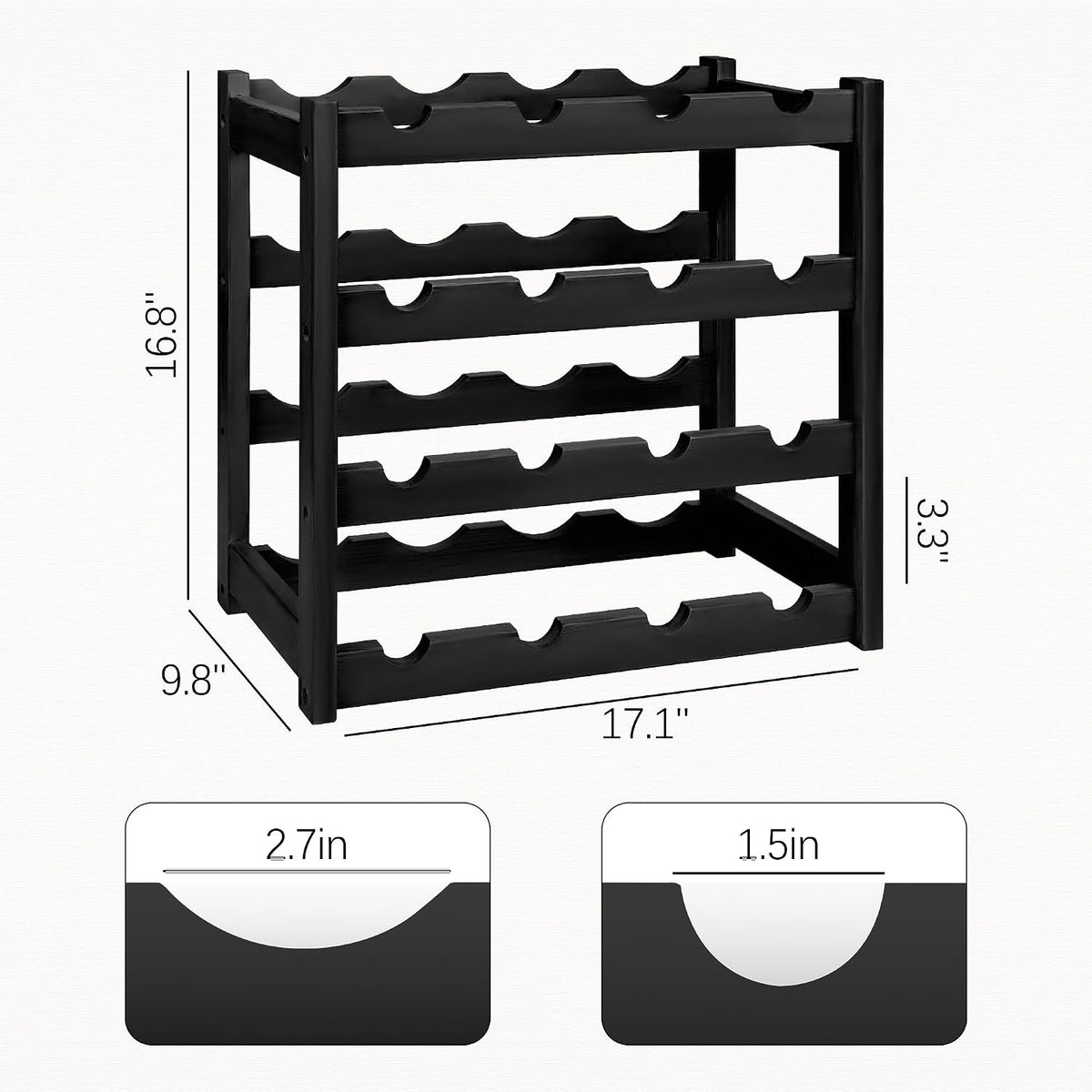 Bamboo Wine Rack, Sturdy and Durable Wine Storage Cabinet Shelf, Wine Racks Countertop for Pantry,Kitchen,3-Tier 12 Bottles Wine Rack Black