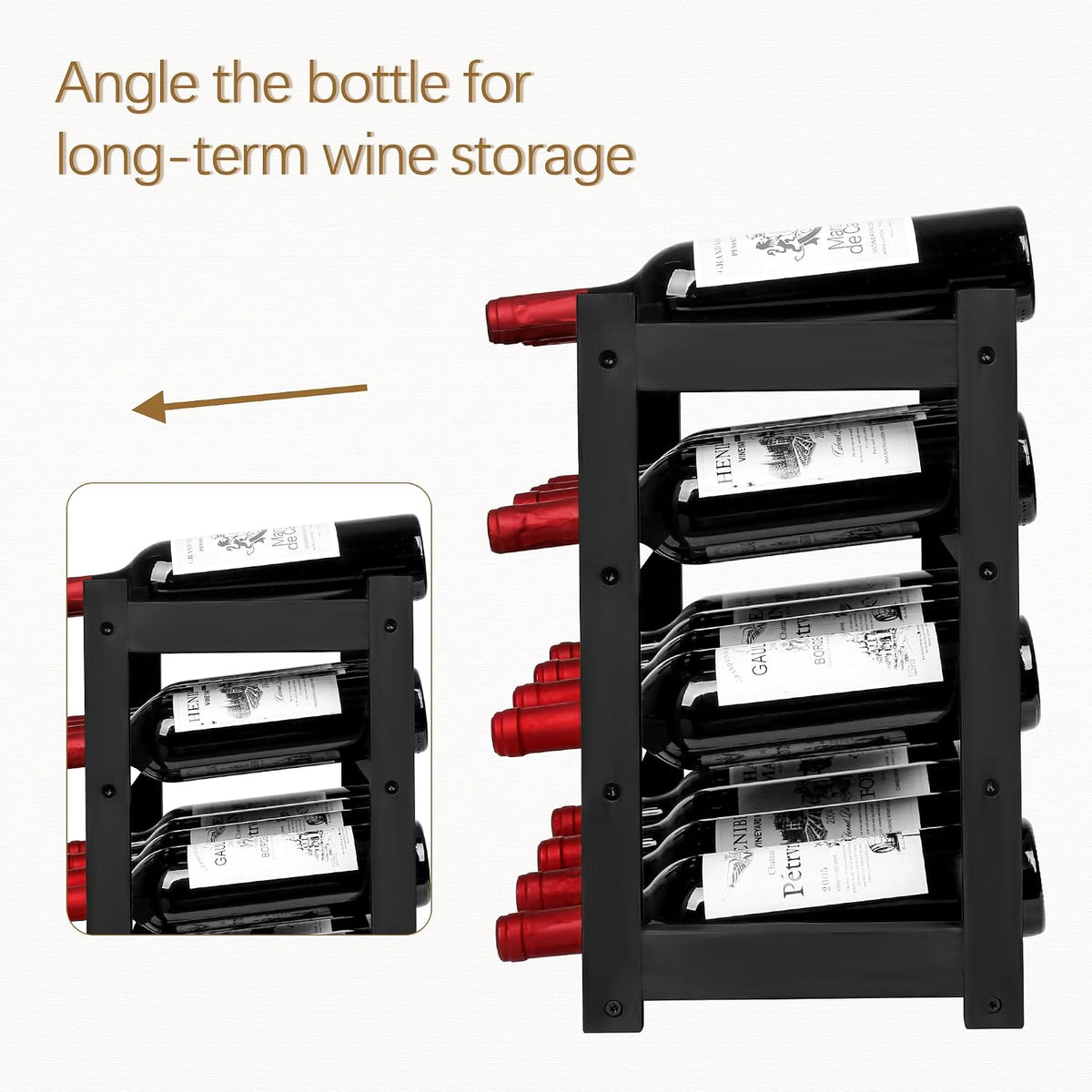 Bamboo Wine Rack, Sturdy and Durable Wine Storage Cabinet Shelf, Wine Racks Countertop for Pantry,Kitchen,3-Tier 12 Bottles Wine Rack Black