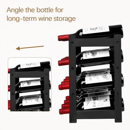 Bamboo Wine Rack, Sturdy and Durable Wine Storage Cabinet Shelf, Wine Racks Countertop for Pantry,Kitchen,3-Tier 12 Bottles Wine Rack Black