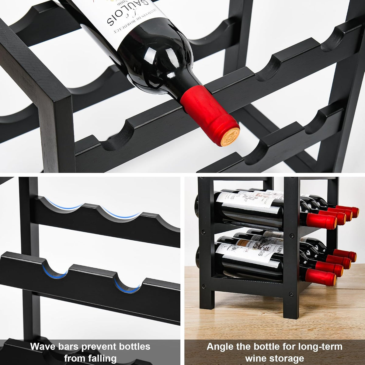 Bamboo Wine Rack, Sturdy and Durable Wine Storage Cabinet Shelf, Wine Racks Countertop for Pantry,Kitchen,3-Tier 12 Bottles Wine Rack Black