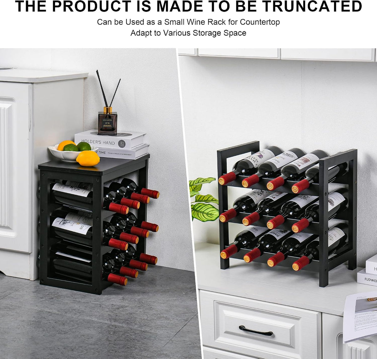 Bamboo Wine Rack, Sturdy and Durable Wine Storage Cabinet Shelf, Wine Racks Countertop for Pantry,Kitchen,3-Tier 12 Bottles Wine Rack Black