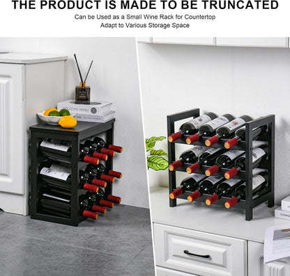 Bamboo Wine Rack, Sturdy and Durable Wine Storage Cabinet Shelf, Wine Racks Countertop for Pantry,Kitchen,3-Tier 12 Bottles Wine Rack Black