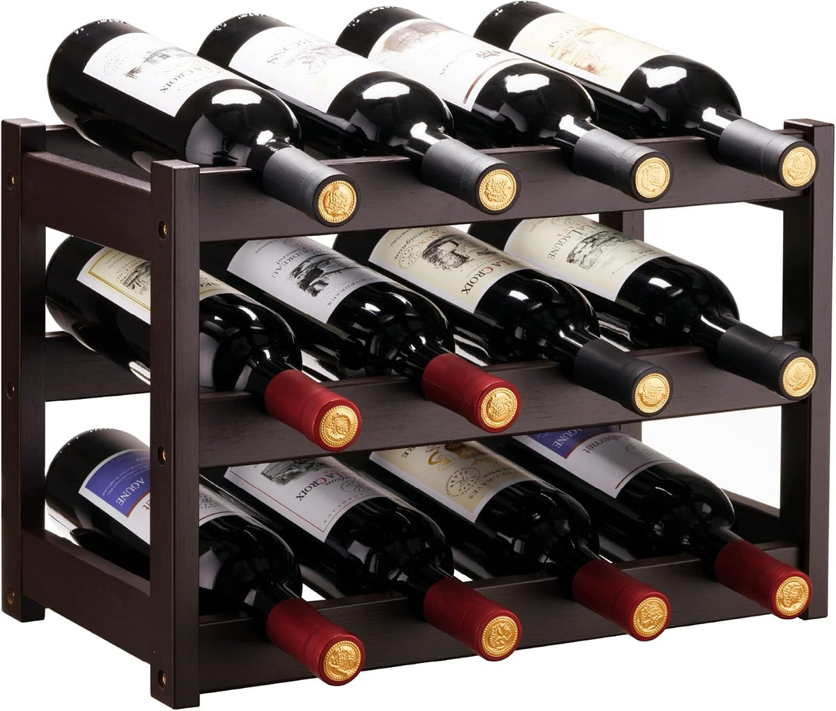 Bamboo Wine Rack, Sturdy and Durable Wine Storage Cabinet Shelf, Wine Racks Countertop for Pantry,Kitchen,3-Tier 12 Bottles Wine Rack Black