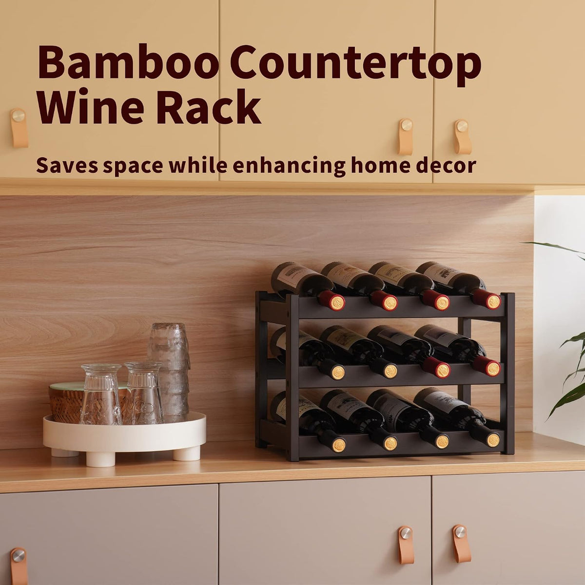 Bamboo Wine Rack, Sturdy and Durable Wine Storage Cabinet Shelf, Wine Racks Countertop for Pantry,Kitchen,3-Tier 12 Bottles Wine Rack Black
