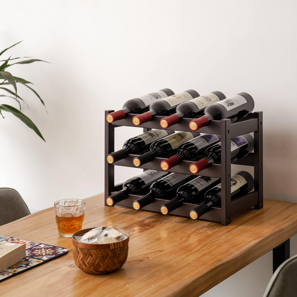 Bamboo Wine Rack, Sturdy and Durable Wine Storage Cabinet Shelf, Wine Racks Countertop for Pantry,Kitchen,3-Tier 12 Bottles Wine Rack Black