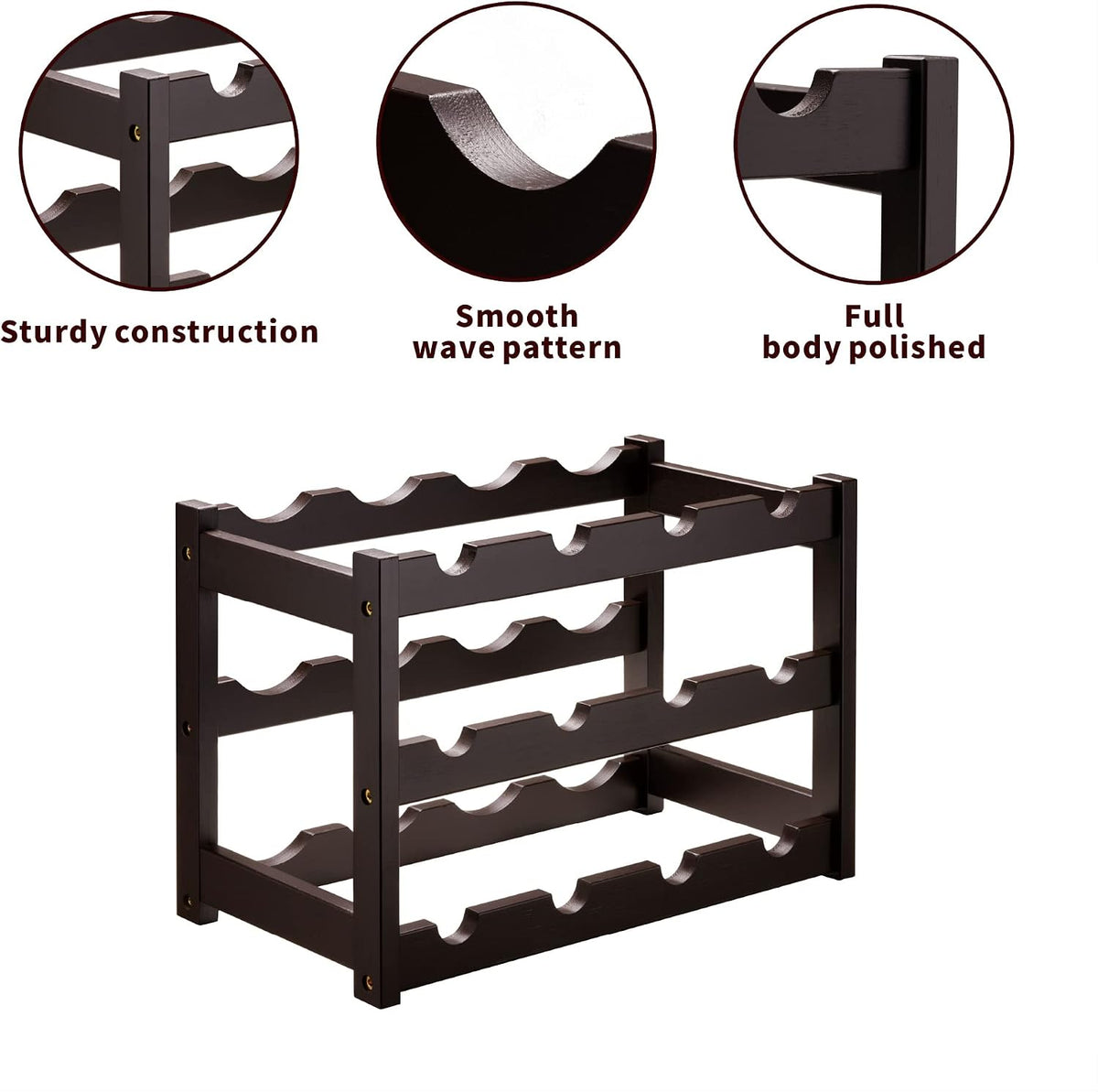Bamboo Wine Rack, Sturdy and Durable Wine Storage Cabinet Shelf, Wine Racks Countertop for Pantry,Kitchen,3-Tier 12 Bottles Wine Rack Black