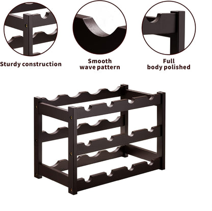 Bamboo Wine Rack, Sturdy and Durable Wine Storage Cabinet Shelf, Wine Racks Countertop for Pantry,Kitchen,3-Tier 12 Bottles Wine Rack Black