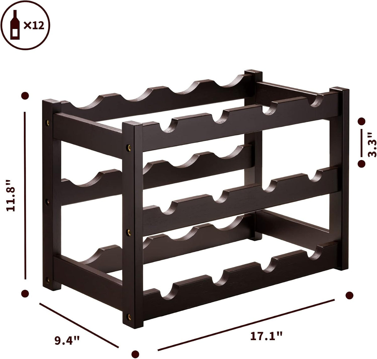 Bamboo Wine Rack, Sturdy and Durable Wine Storage Cabinet Shelf, Wine Racks Countertop for Pantry,Kitchen,3-Tier 12 Bottles Wine Rack Black