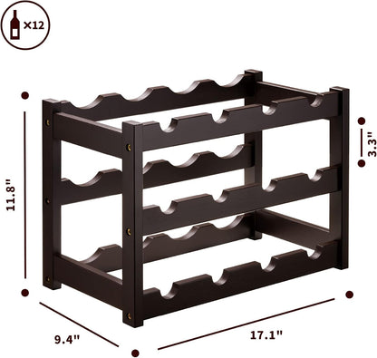Bamboo Wine Rack, Sturdy and Durable Wine Storage Cabinet Shelf, Wine Racks Countertop for Pantry,Kitchen,3-Tier 12 Bottles Wine Rack Black