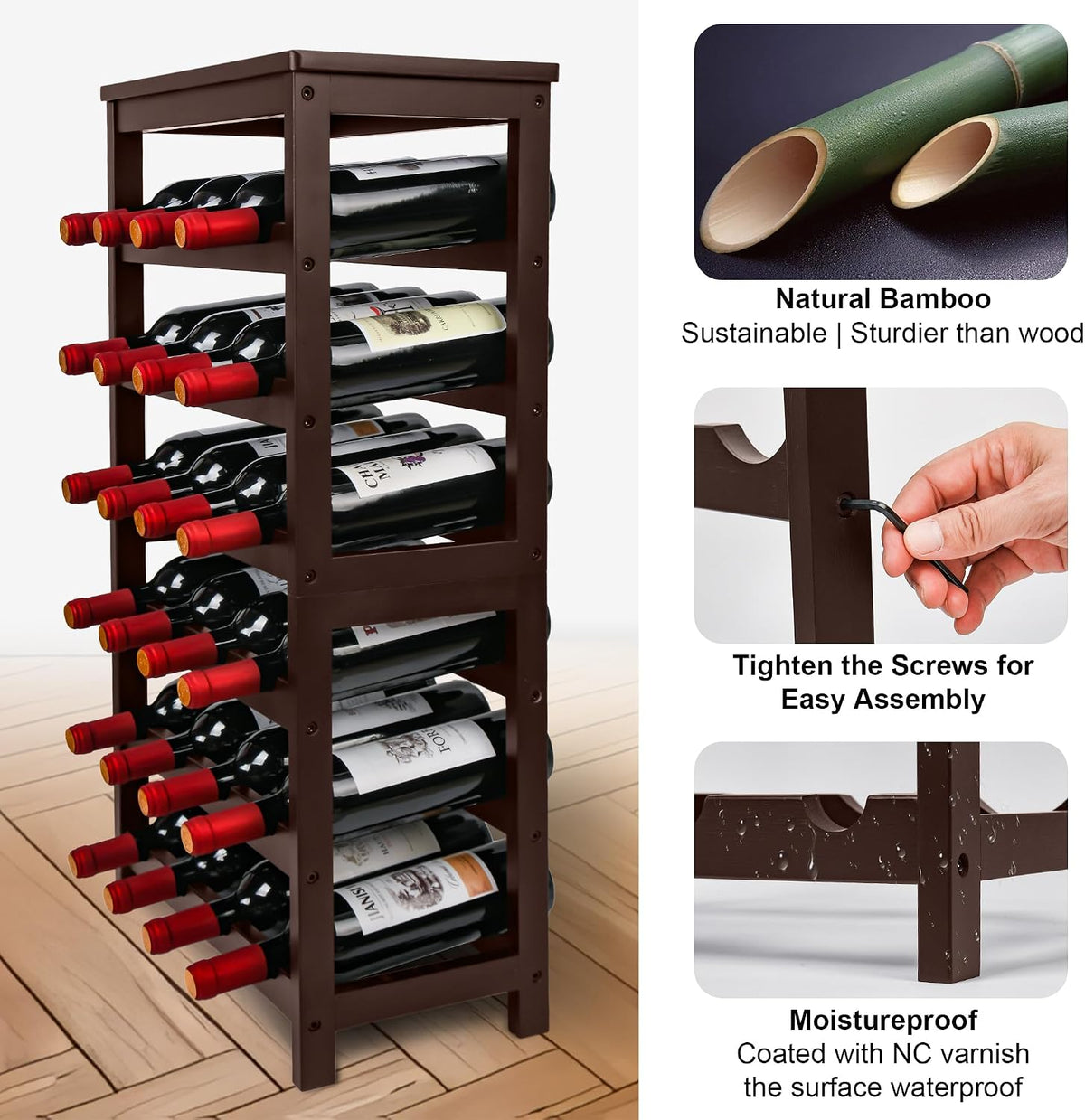 Bamboo Wine Rack, Sturdy and Durable Wine Storage Cabinet Shelf, Wine Racks Countertop for Pantry,Kitchen,3-Tier 12 Bottles Wine Rack Black