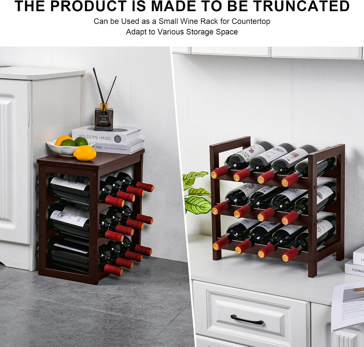Bamboo Wine Rack, Sturdy and Durable Wine Storage Cabinet Shelf, Wine Racks Countertop for Pantry,Kitchen,3-Tier 12 Bottles Wine Rack Black
