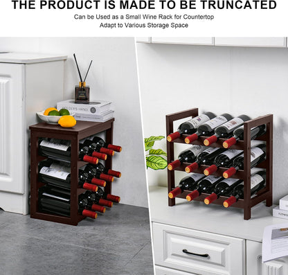 Bamboo Wine Rack, Sturdy and Durable Wine Storage Cabinet Shelf, Wine Racks Countertop for Pantry,Kitchen,3-Tier 12 Bottles Wine Rack Black