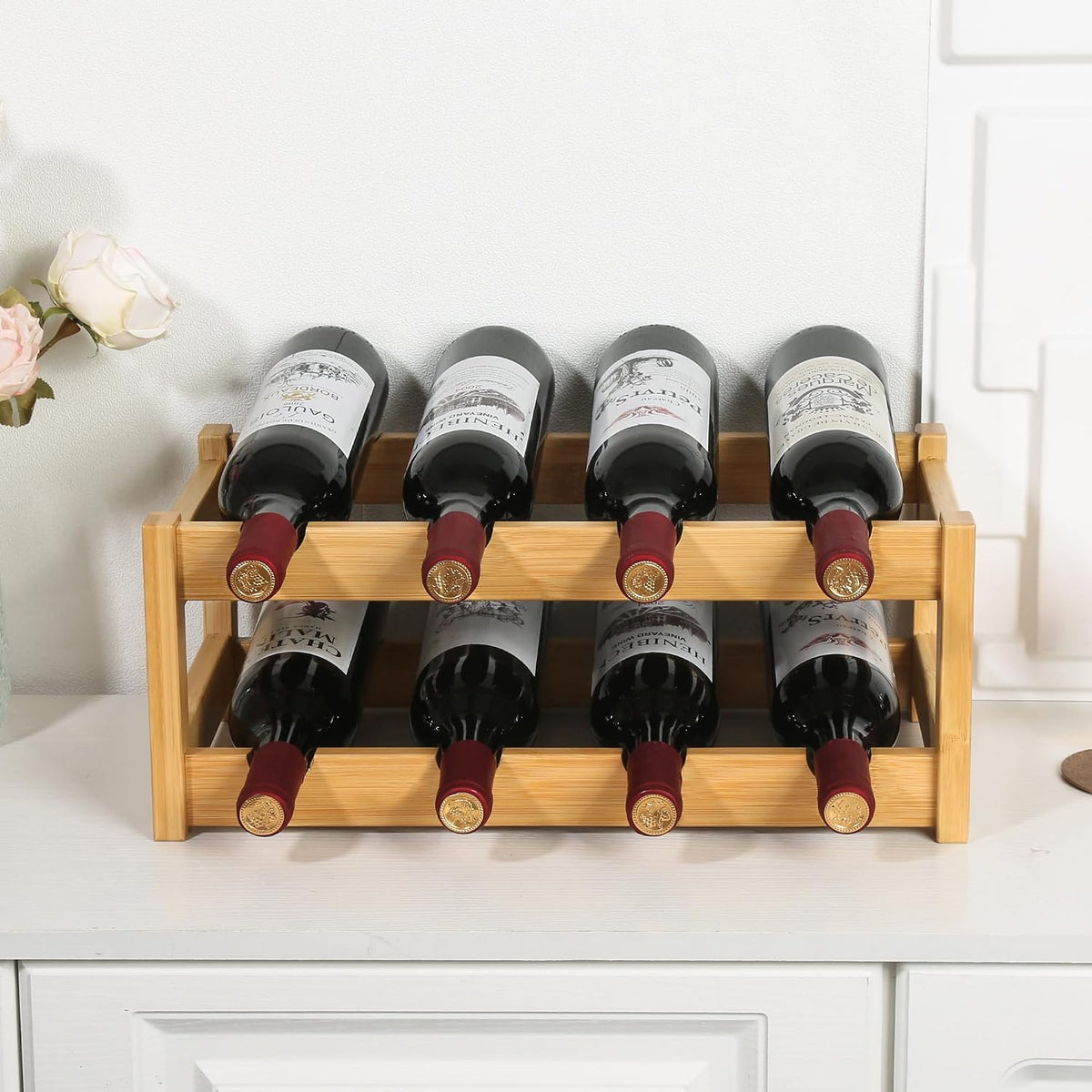 Bamboo Wine Rack, Sturdy and Durable Wine Storage Cabinet Shelf, Wine Racks Countertop for Pantry,Kitchen,3-Tier 12 Bottles Wine Rack Black